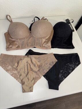 NWT Lace-Trim Longline Bra & Bikini Brief Set - Nude and Black